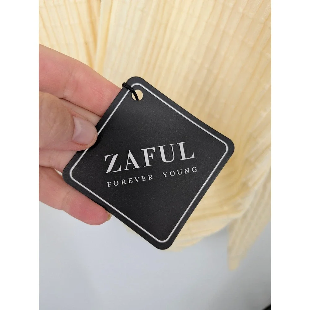 Zaful Cardigan Women 12 14 Butter Yellow Collared Button Down Ribbed Knit Preppy